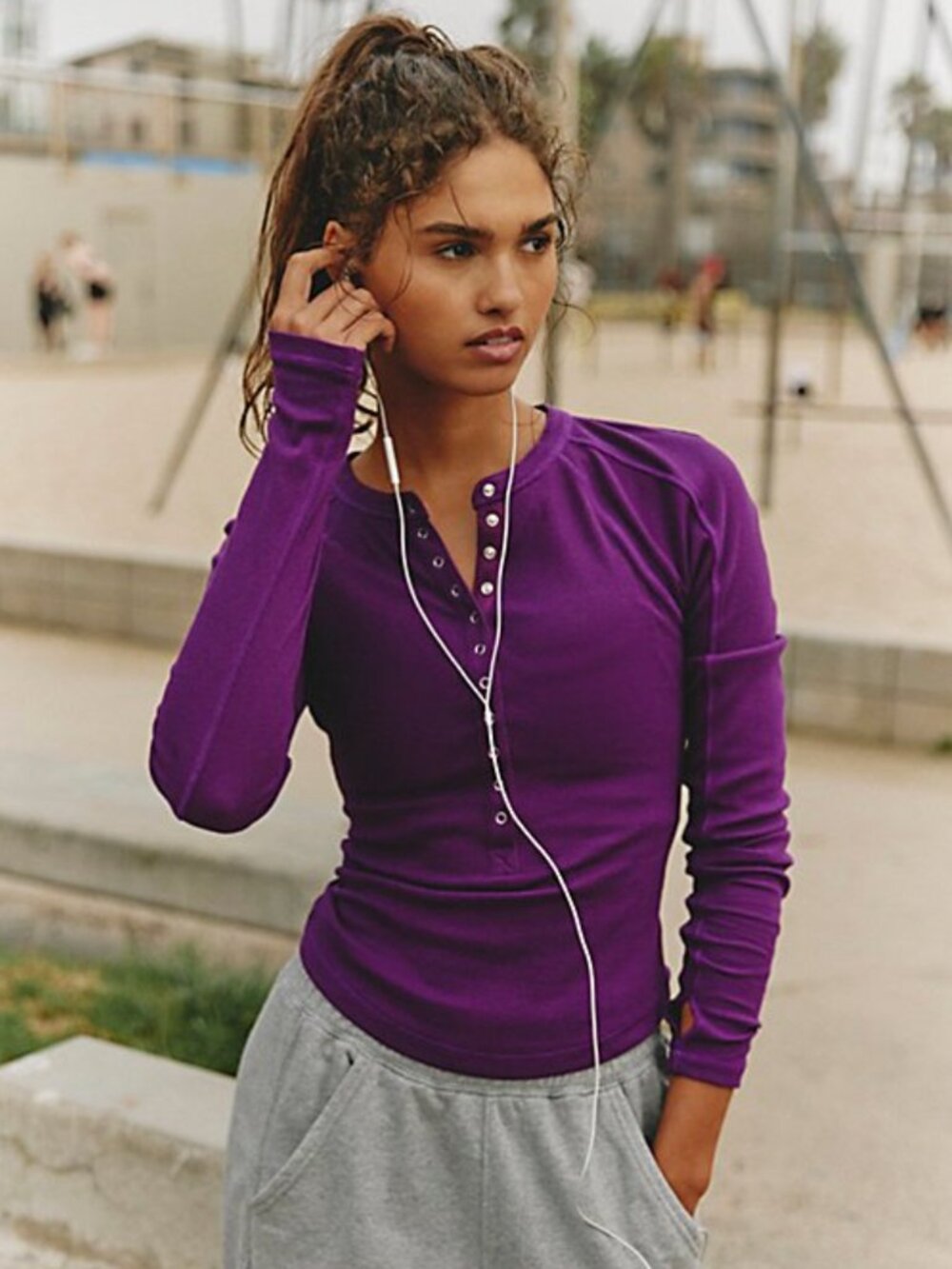 Free People Movement Fitted Long Sleeve Henley Purple Top with Thumbholes Size M